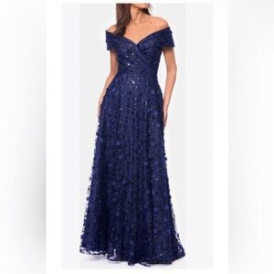 Xscape Off-Shoulder Navy Floral Gown